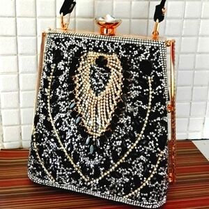 Elegant Black and Gold Beaded Satchel
